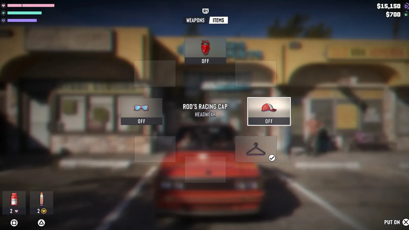 The GTA 6 item wheel open over a red muscle car, with Rod's Racing Cap selected as headwear and health and stamina bars on screen