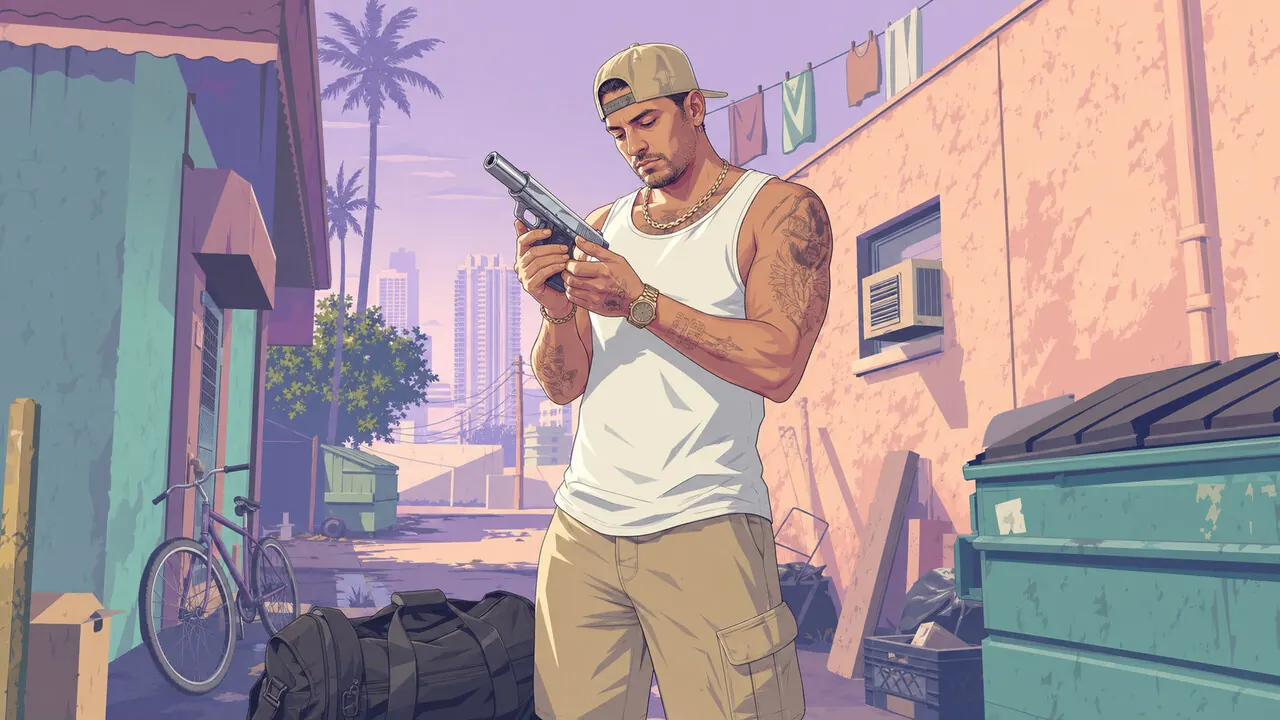 Weapons database: character in a sun-bleached Vice City back alley