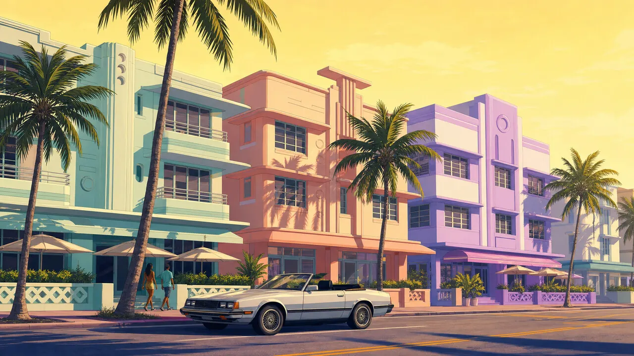 Locations database: art-deco hotels along Ocean Drive at golden hour