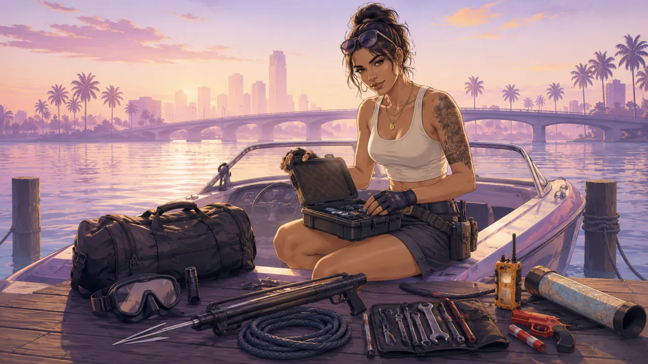 Equipment database: dive and survival gear laid out on a Vice City boat dock at dusk