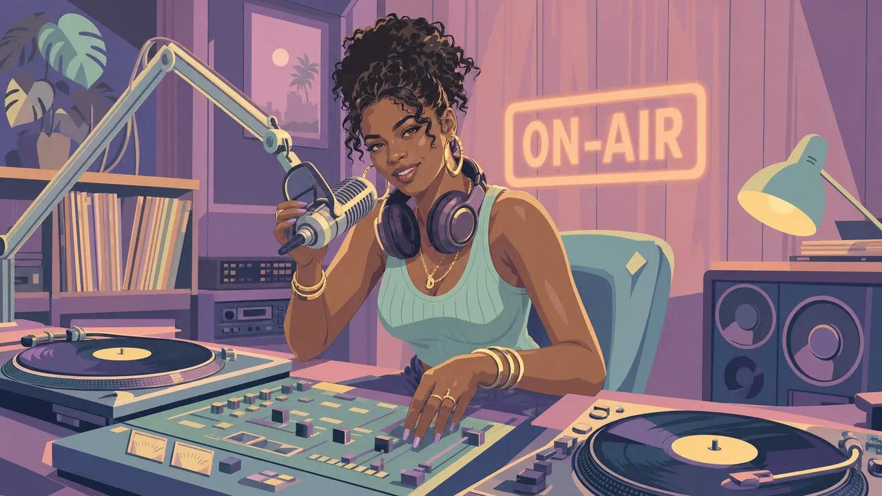 Radio database: Vice City DJ at a vintage mixing console under an ON-AIR sign
